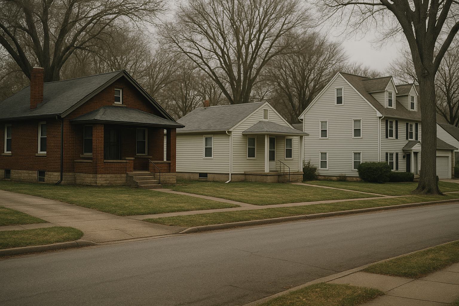 A quiet older residential street seen from across the road, with three houses of visibly different age and size standing side by side: a red brick bungalow with a deep porch, a small single storey frame cottage with a shallow hipped roof, and a larger two storey clapboard house with dormers, each carrying a different roof pitch and a different age of shingle. Concrete kerbs and sidewalks, mown verges, mature bare trees behind, overcast afternoon