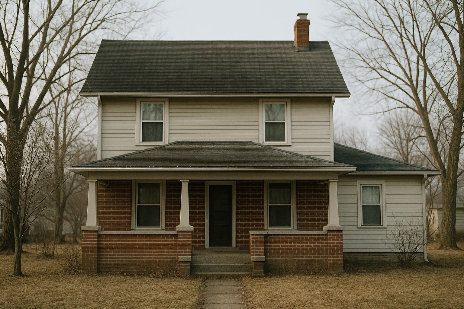 An older two storey house photographed square on from the front garden, with a steep main gable roof of dark weathered shingle above, a much shallower hipped porch roof running across the entire front below it on brick piers, and the shallow roof of a single storey side addition visible at the right. Cream siding above, red brick at porch level, a brick chimney at the ridge, bare winter trees on both sides