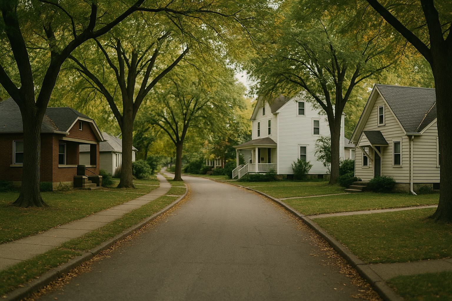 An older residential street with very large mature trees standing on both verges, their crowns meeting overhead and closing the road in completely, and houses of mixed age set close to the street beneath them: a brick bungalow at the left, a two storey white frame house with a porch in the middle distance and a gabled cottage at the right. Concrete sidewalks, kerbs and low front lawns, early autumn light